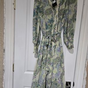 Paisley Print Green Maxi Dress with Self Tie Belt